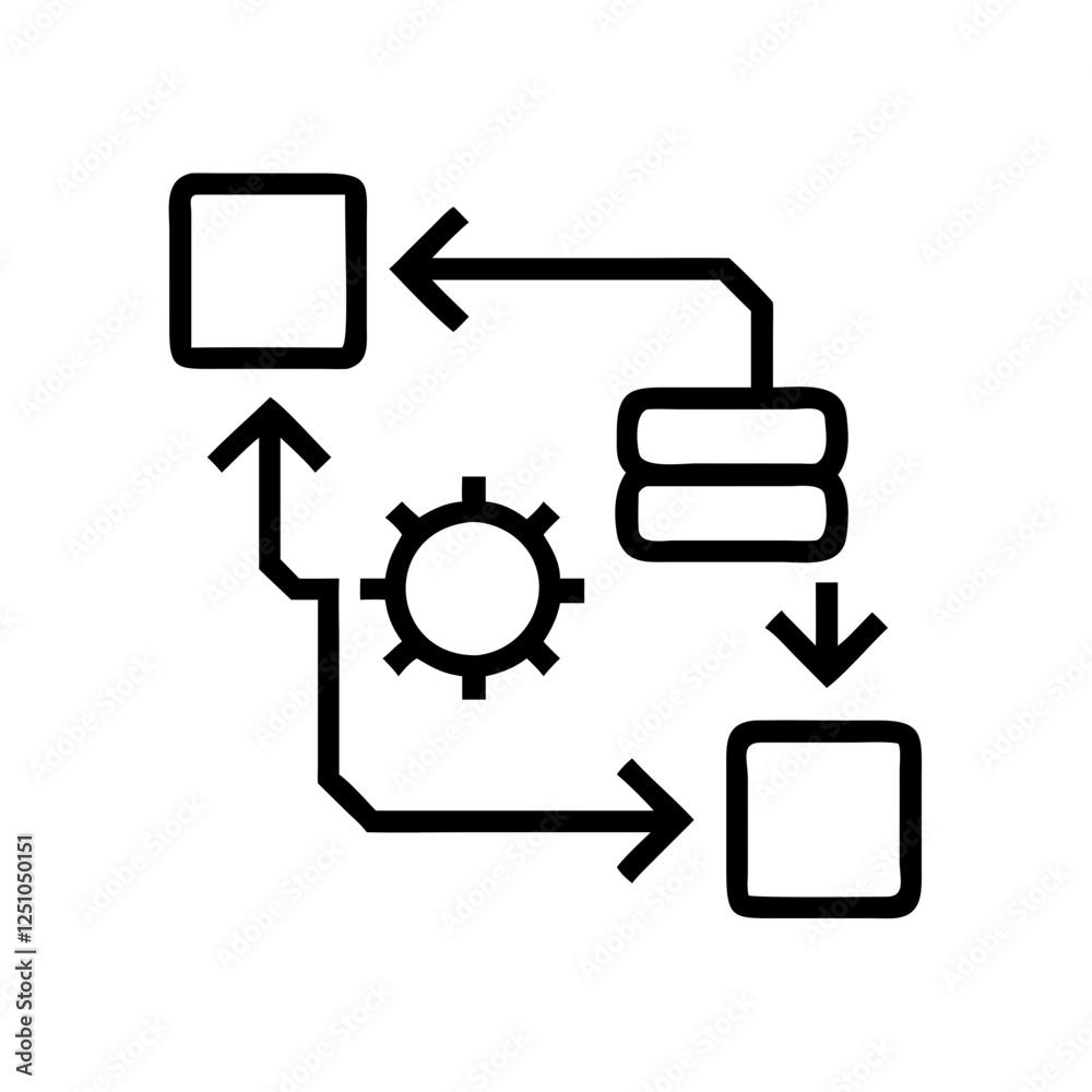 A simple line art illustration of a gear system connected to three separate components. A simple line art illustration of a gear system connected to three separate components.