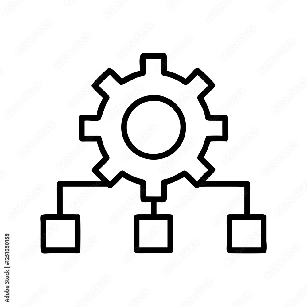 A simple line art illustration of a gear system connected to three separate components. A simple line art illustration of a gear system connected to three separate components.