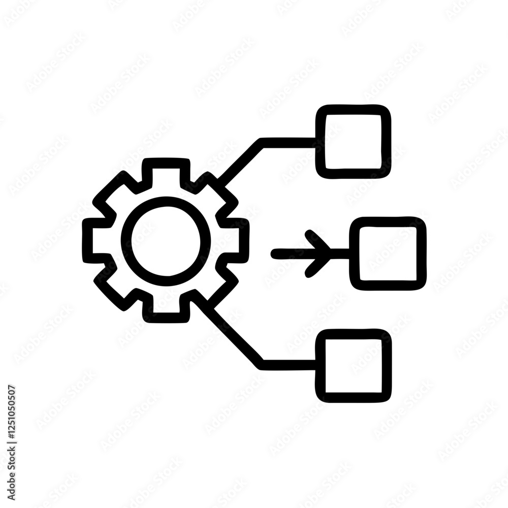 A simple line art illustration of a gear system connected to three separate components. A simple line art illustration of a gear system connected to three separate components.