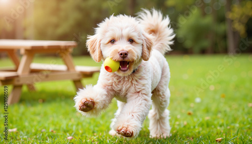 Playful Poodle running with squeaky toy in a sunny dog park, joy photo