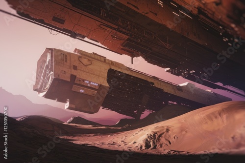 Fototapeta Naklejka Na Ścianę i Meble -  A weathered spaceship rests on a desolate, red planet, its aged hull hinting at past voyages and adventures.