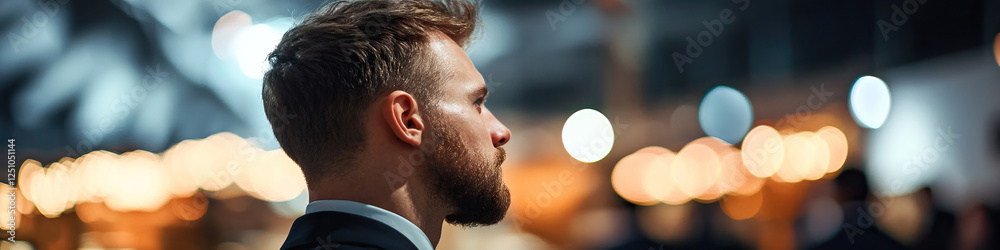 Fototapeta premium Profile of Bearded Man in Suit Against Blurred Background Lighting