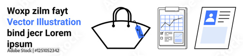 Handbag with a sales tag, clipboard showing data charts, and profile ID card. Ideal for e-commerce, retail, sales, marketing, analysis branding and customer management. Flat landing page banner