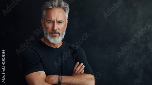 Portrait of handsome confident gray-haired middle-aged man with beard on dark background photo