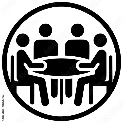 Team Meeting Icon: A simple yet effective icon depicting four individuals seated around a circular table, symbolizing collaboration, discussion, and teamwork. The design is clean, minimalist.