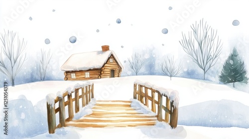 Wallpaper Mural A serene winter scene featuring a cozy log cabin surrounded by snow-covered trees and a wooden bridge leading into a tranquil white landscape. Torontodigital.ca