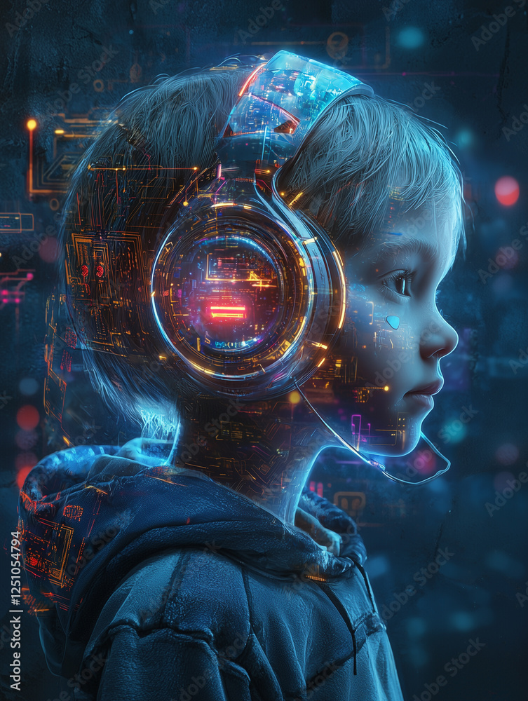 child wearing intricate, cyberpunk-inspired headphones child wearing intricate, cyberpunk-inspired headphones