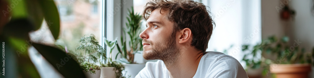 Fototapeta premium Young Man Looking Out Window with Indoor Plants
