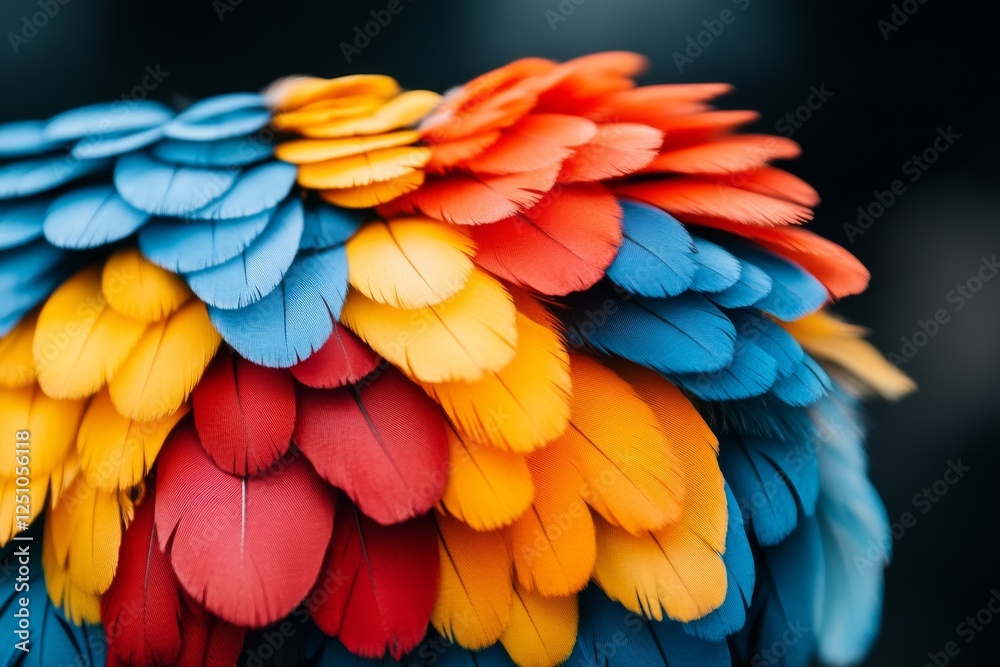 Obraz premium Colorful feathers of a tropical bird displayed prominently in close-up view showcasing vibrant hues of blue, yellow, and red