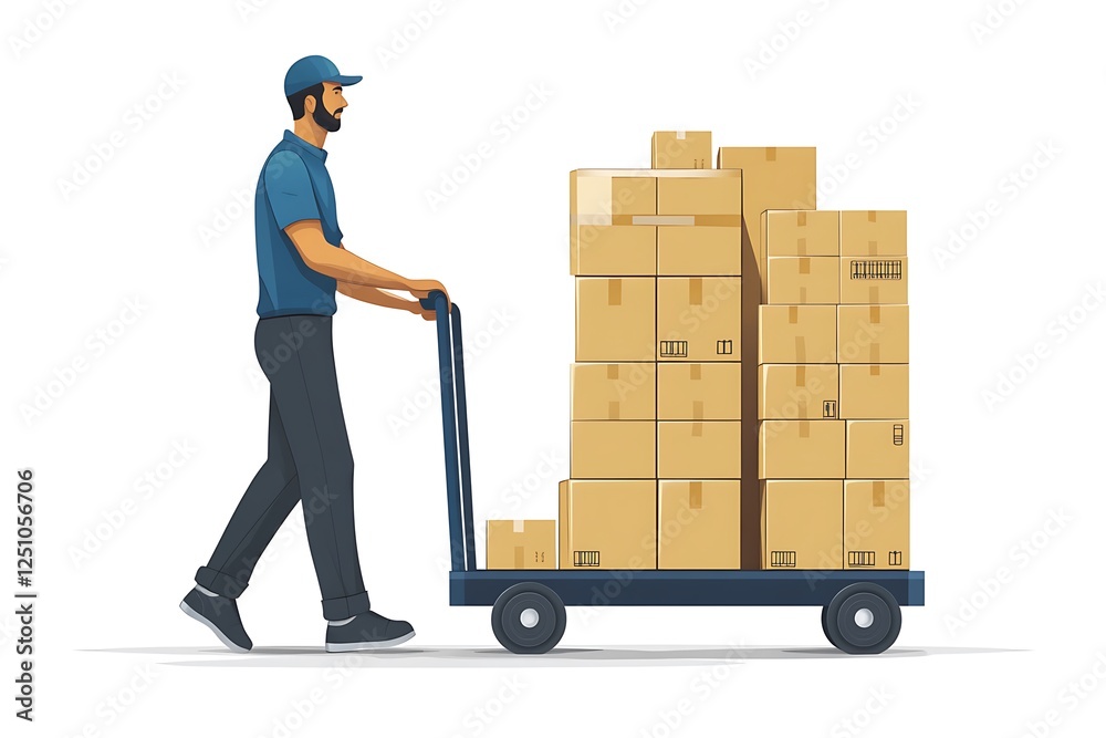 young delivery man push cart with package box young delivery man push cart with package box