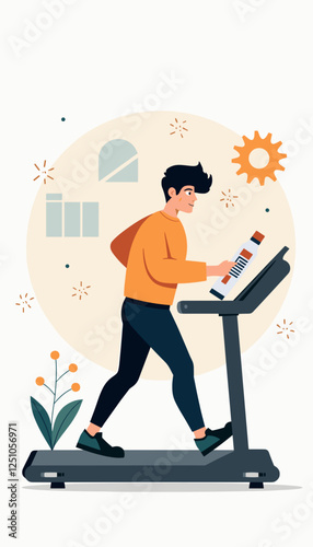 Young man walking on a treadmill while using a fitness tracker