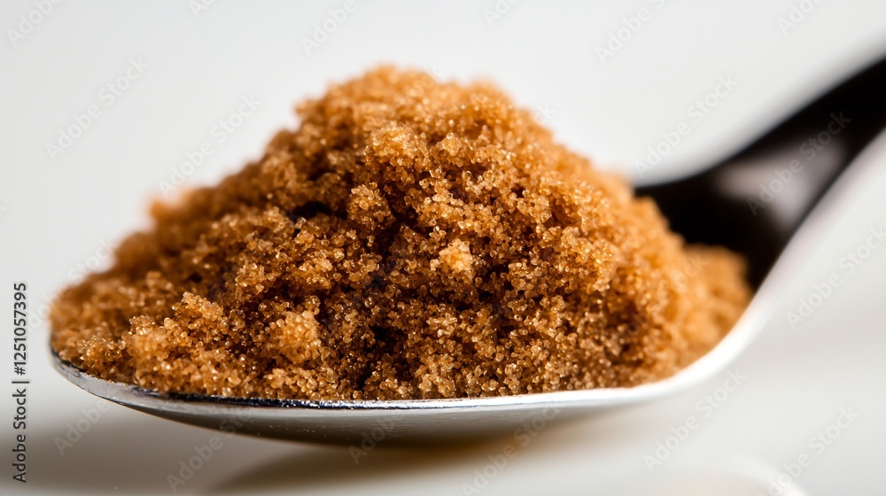 Brown Sugar Granules Spilling From a Spoon onto a White Background in a Culinary Setting Brown Sugar Granules Spilling From a Spoon onto a White Background in a Culinary Setting