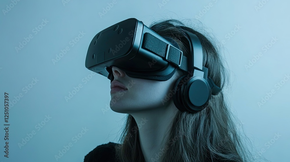 Young woman immersed in virtual reality with VR headset and headphones Young woman immersed in virtual reality with VR headset and headphones