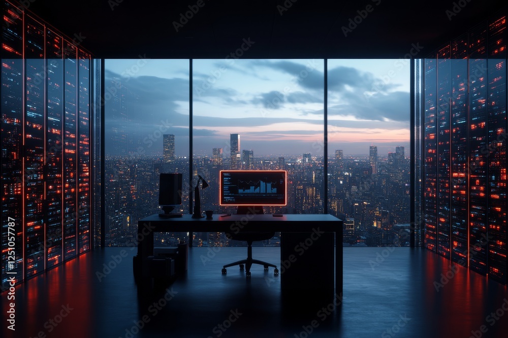 Fototapeta premium Modern workspace with city skyline view at dusk showcasing advanced technology and data analysis