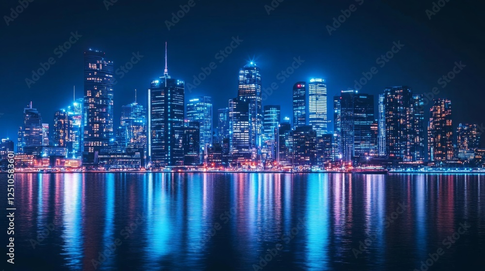 Neon city skyline reflected in still water at night creating a vibrant urban landscape Neon city skyline reflected in still water at night creating a vibrant urban landscape
