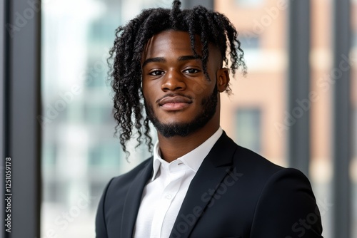 Young professional in stylish suit posing confidently in modern office setting during daytime