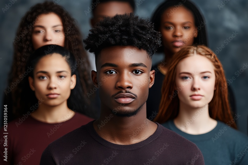 Obraz premium Diverse group of individuals standing together with serious expressions in a studio setting