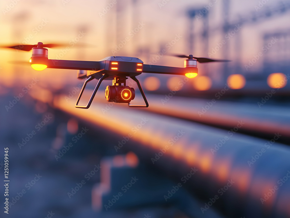 A drone hovers near railway tracks during sunset, showcasing its camera and modern design in a blurred, industrial background. A drone hovers near railway tracks during sunset, showcasing its camera and modern design in a blurred, industrial background.