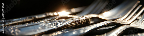Close-up of Ornate Antique Silver Flatware