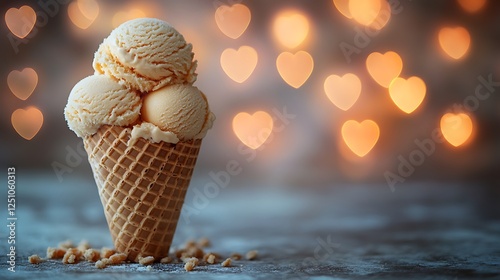 A golden scoop of butterscotch ice cream in a crisp cone with softly blurred heart bokeh lights behind it