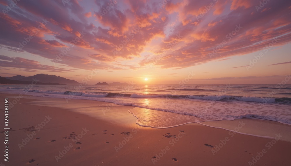Fototapeta premium Breathtaking Sunset Over Calm Beach with Gentle Ocean Waves
