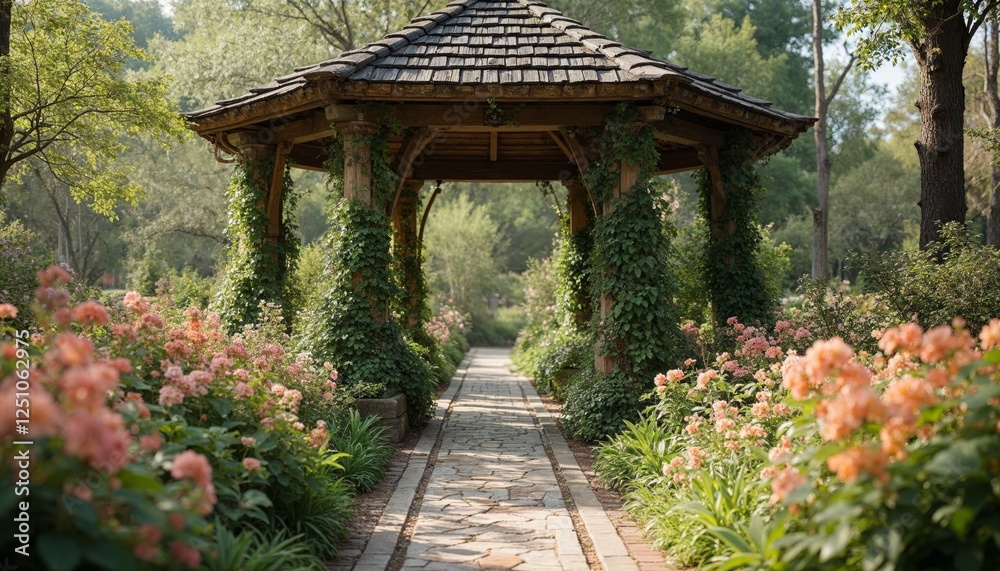 Enchanting Gazebo Retreat, A tranquil garden escape amidst blooming floral beauty Enchanting Gazebo Retreat, A tranquil garden escape amidst blooming floral beauty