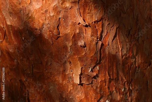 Orange brown rough texture of a coniferous tree of pine (Pinus) family, possibly Pinus Densiflora (Japanese Red Pine), partially sunlit by autumn afternoon sunshine, partially hidden in shadows.
