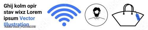 Blue wireless signal, circular avatar icon, stylish handbag with tag. Ideal for tech, profile setup, shopping, communication, branding connectivity online interaction. Flat landing page banner