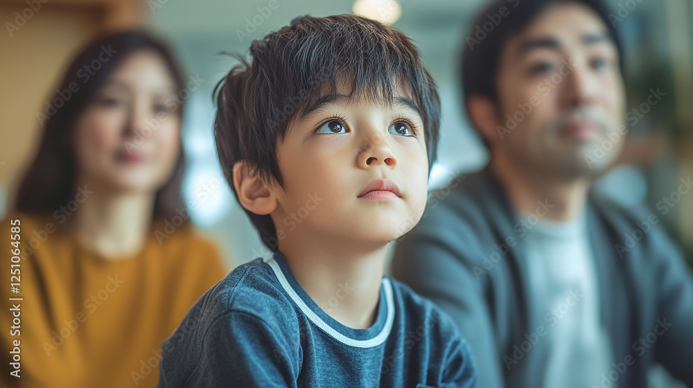 A young boy looks upwards with his parents in the background, engaged in something out of view, captured with soft lighting. A young boy looks upwards with his parents in the background, engaged in something out of view, captured with soft lighting.