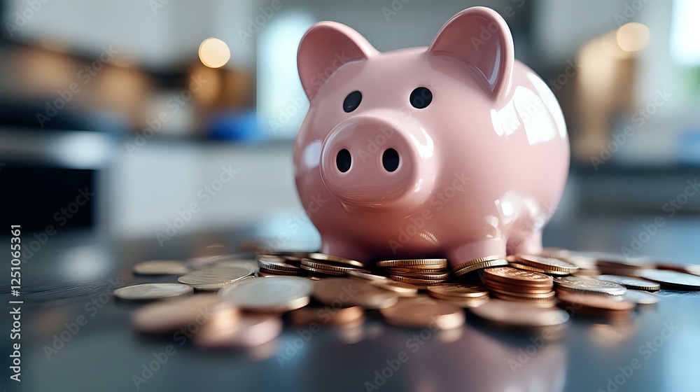 Pink ceramic piggy bank surrounded by scattered coins on reflective surface with soft bokeh background, representing savings and financial planning. Pink ceramic piggy bank surrounded by scattered coins on reflective surface with soft bokeh background, representing savings and financial planning.