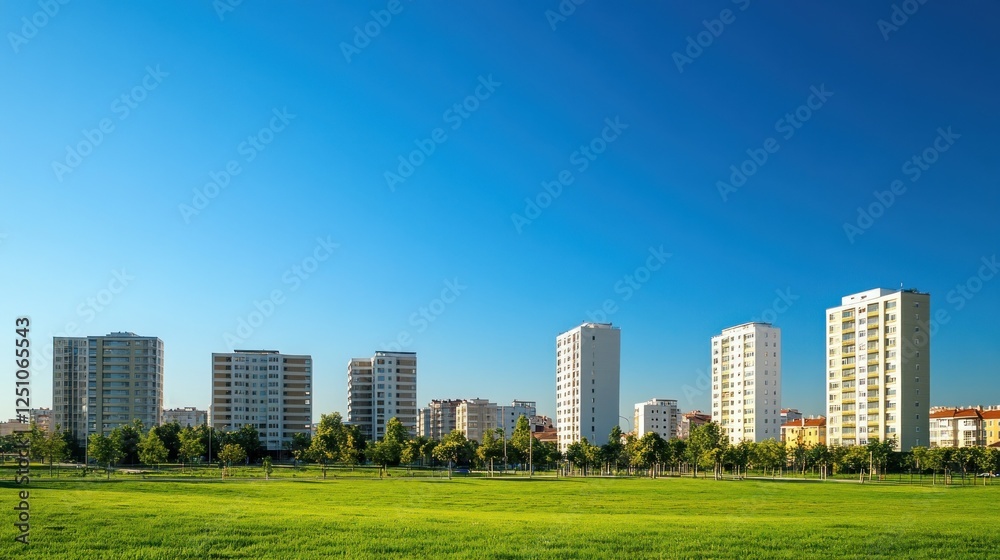 Green park with city skyline under clear blue sky Green park with city skyline under clear blue sky