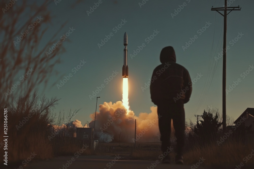 Fototapeta premium A rocket launching while a homeless person watches from below concept of space exploration vs earths problems