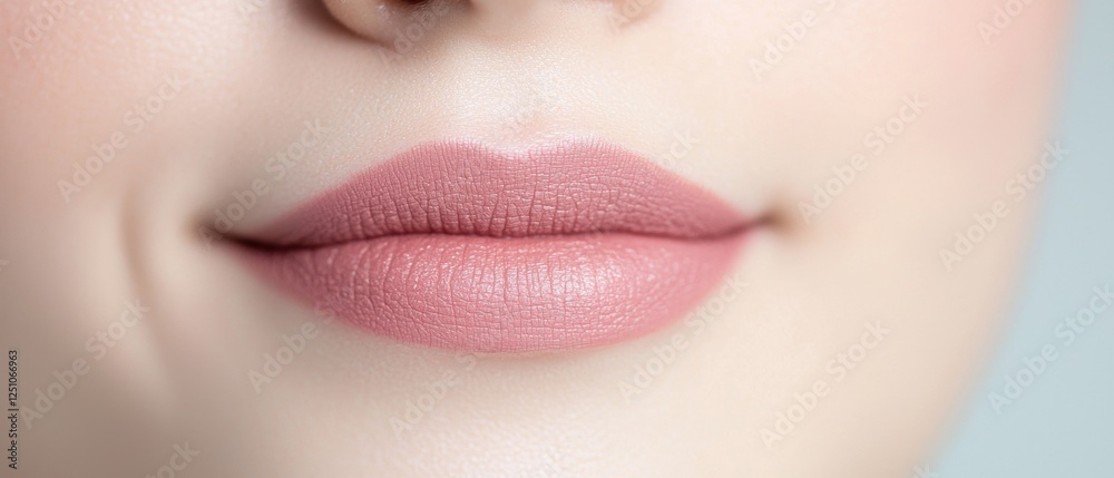 Fototapeta premium Close-up of a woman's lips. the lips appear to be full and glossy, with a light pink color. the skin around the lips is smooth and well-groomed.
