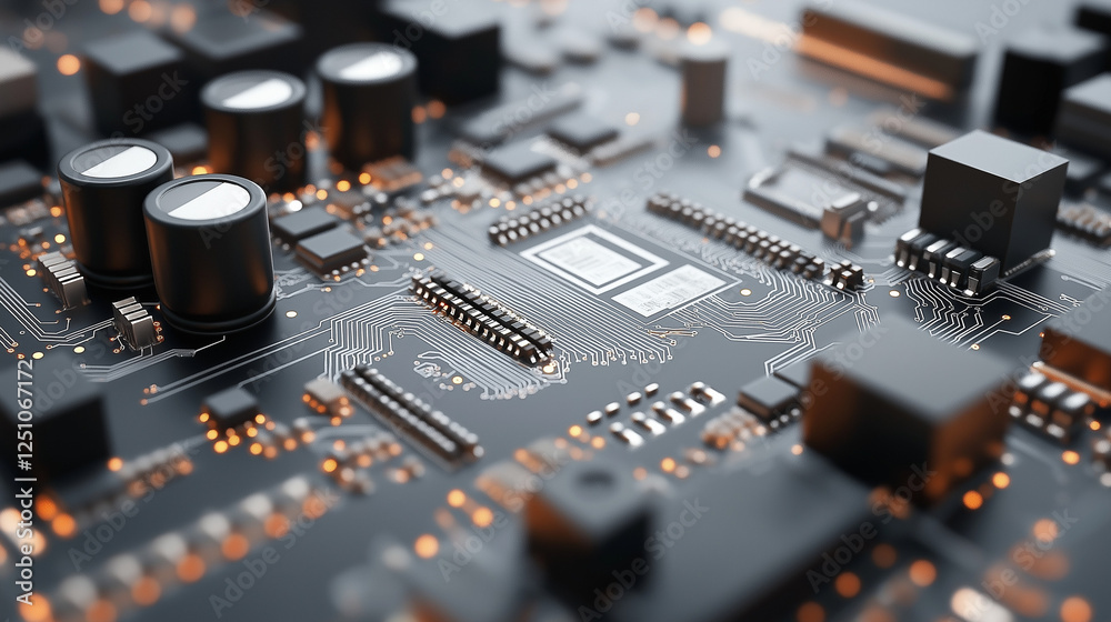 Abstract close-up of a glowing digital circuit board, showcasing intricate connections and technological design Abstract close-up of a glowing digital circuit board, showcasing intricate connections and technological design