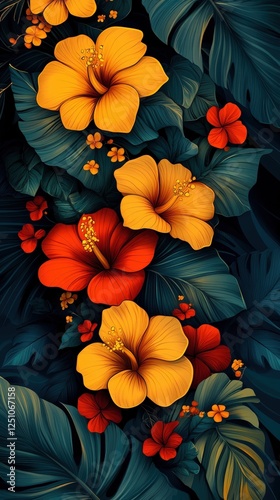 Tropical Hibiscus and Leaf Pattern.