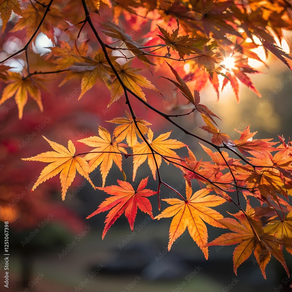 A breathtaking close-up of vibrant Japanese maple leaves (momiji) glowing in shades of red, orange, and gold during autumn A breathtaking close-up of vibrant Japanese maple leaves (momiji) glowing in shades of red, orange, and gold during autumn