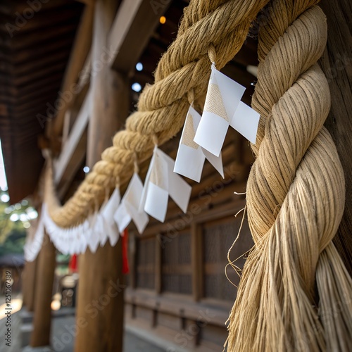 A close-up of a thick, woven Shimenawa sacred rope adorned with zigzag-shaped Shide paper strips, traditionally hung at Shinto shrines to mark sacred spaces.  photo