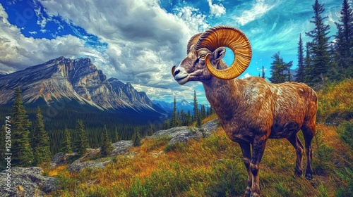 Majestic bighorn sheep mountain landscape, wildlife scene photo