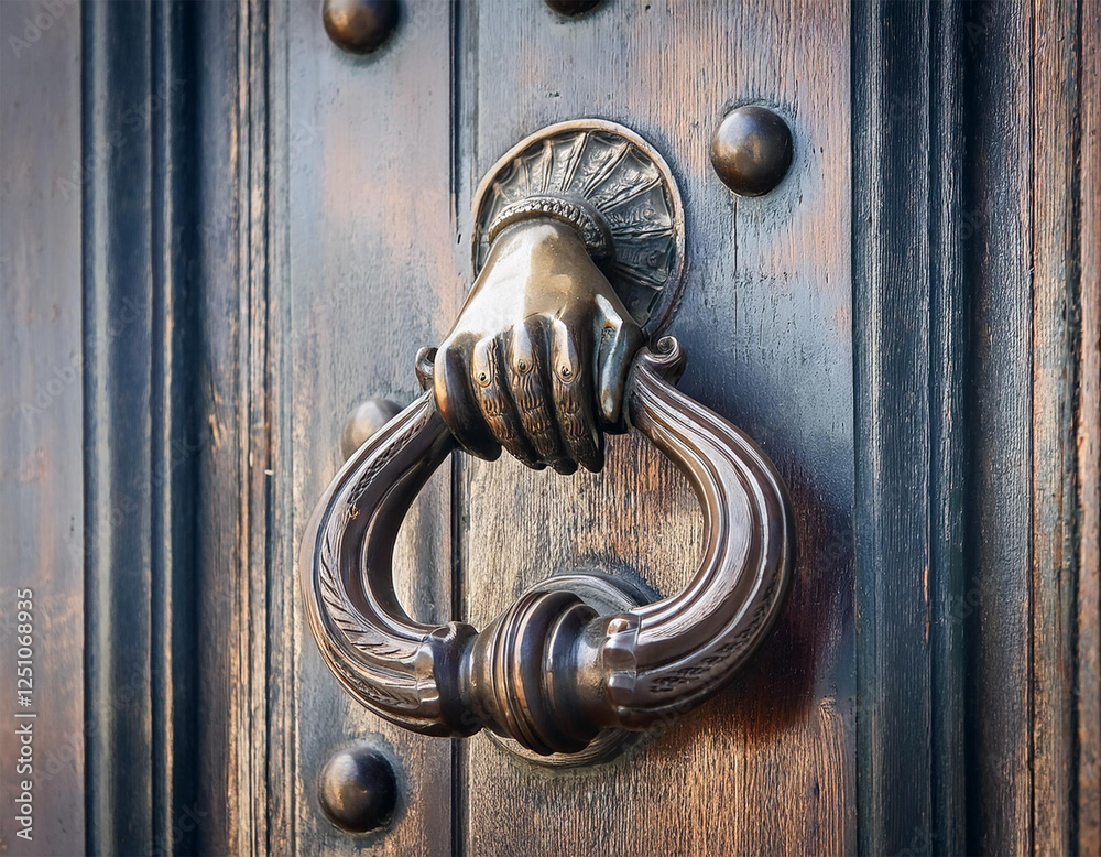 old metal door handle knocker in the form of a hand on ancient wooden doors background selective focus old metal door handle knocker in the form of a hand on ancient wooden doors background selective focus