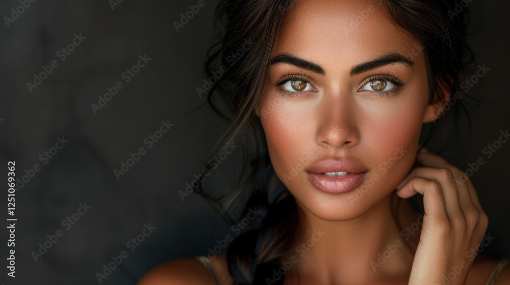 Obraz premium Portrait, young woman, dark hair, intense eyes, golden light, dramatic shadows, soft skin, freckles, bare shoulders, ethereal beauty, Renaissance painting style, chiaroscuro, cinematic lighting, high