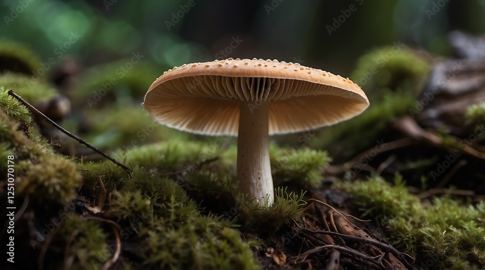 Close Up of Edible Mushroom Fungi in Damp Forest Soil with Green Moss and Autumn Colors Close Up of Edible Mushroom Fungi in Damp Forest Soil with Green Moss and Autumn Colors