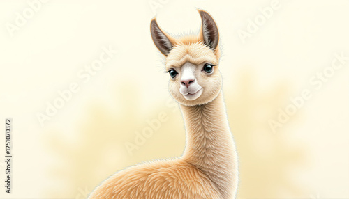 Gentle Llama Illustration Portrait on Pale Background
