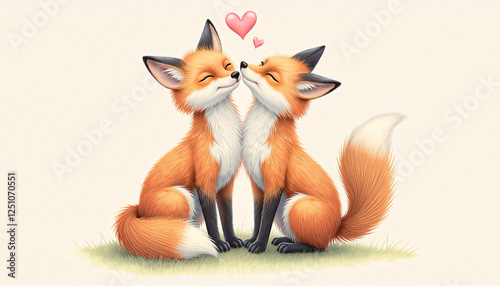 In Love Fox Couple Illustration with Hearts on Cream Background, Romantic Fox Couple