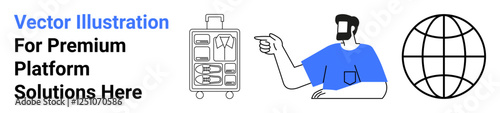 Man in blue shirt gestures towards suitcase filled with travel essentials and globe. Ideal for travel, global networking, lifestyle, tourism, packing tips, digital platforms, flat landing page banner
