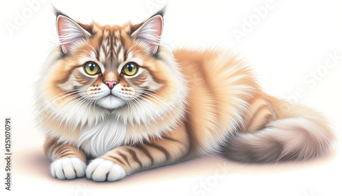 Relaxed Long-Haired Cat Illustration on White Background, Persian cat with a flat face, Cat and Yoga Mat
