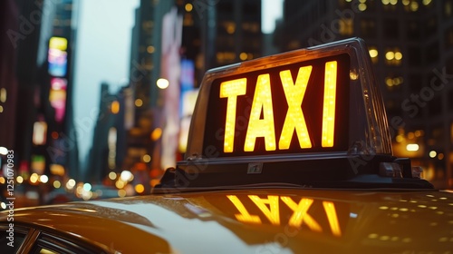 Bright taxi sign illuminating the busy streets of a city at dusk with vibrant lights in the background