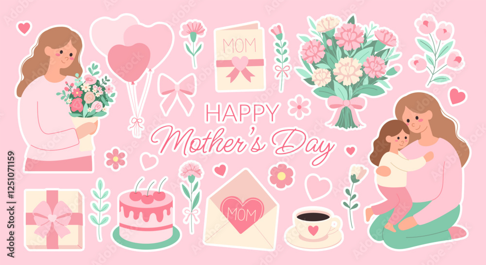 A collection of stickers with a pink background that says Happy Mother's Day. The stickers include a woman holding a bouquet of flowers, a cake, a vase, a balloon, a cup, and a child A collection of stickers with a pink background that says Happy Mother's Day. The stickers include a woman holding a bouquet of flowers, a cake, a vase, a balloon, a cup, and a child
