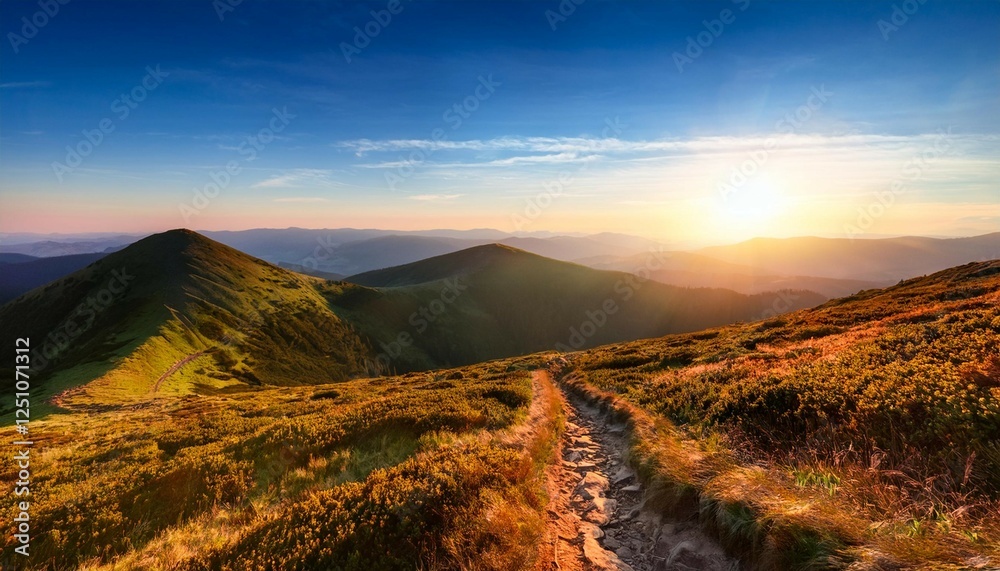 Naklejka premium trial to the peak in carpathian mountains in the morning
