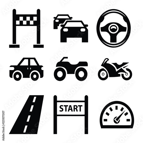 Racing Icons and Automotive Symbols in Black and White Minimalist Design with Finish Line Flag, Cars, Steering Wheel, ATV, Motorcycle, and Road