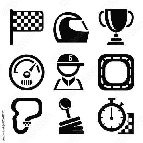 Racing Icons, Motorsport, Black and White Minimalist Design with Checkered Flag, Racing Helmet, Trophy Cup, Speedometer, and Race Driver